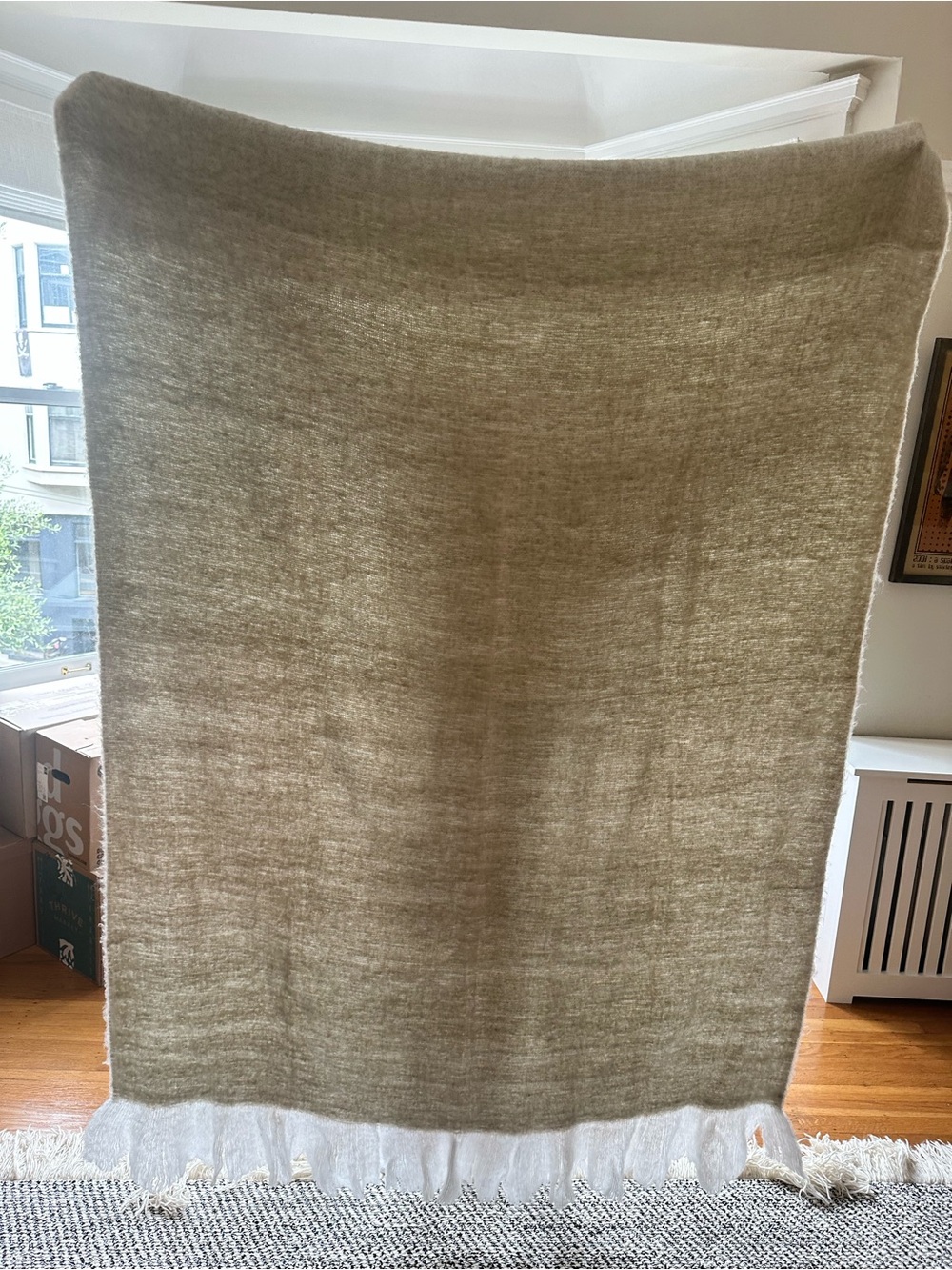 Neutral Textured Fringe Throw Blanket - beige